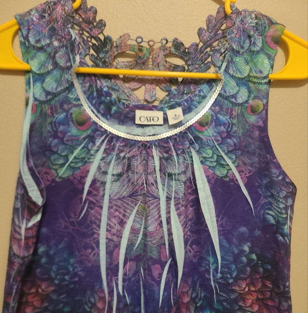 Cato Purple & Teal Floral Lace-Back Tank Top